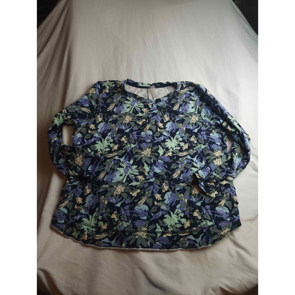 Zuda Blouse Womens Size XL Blue Floral Long Sleeve Top Coastal Grandma V-Neck
